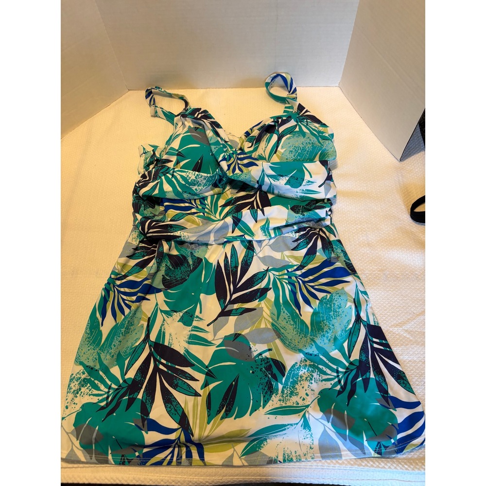 D&Co Beach Women 22W Tropical‎ Leaf Print Twist Front Swim Dress Teal Blue Navy